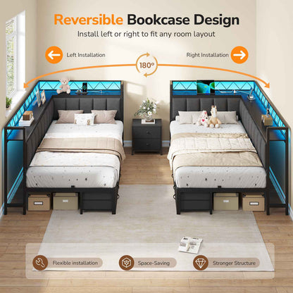 DICTAC | Corner Bed Frame with 6 Storage Drawers, Upholstered Guardrail, Charging Station, Storage Shelves & LED Lights, Modern Platform Daybed for Kids, Teens & Adults, Grey