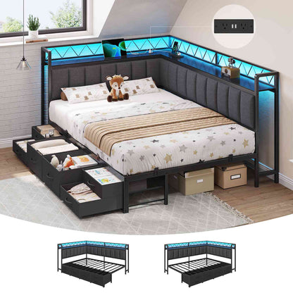 DICTAC | Corner Bed Frame with 6 Storage Drawers, Upholstered Guardrail, Charging Station, Storage Shelves & LED Lights, Modern Platform Daybed for Kids, Teens & Adults, Grey