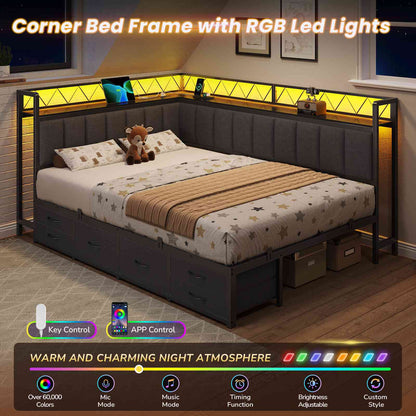 DICTAC | Corner Bed Frame with 6 Storage Drawers, Upholstered Guardrail, Charging Station, Storage Shelves & LED Lights, Modern Platform Daybed for Kids, Teens & Adults, Grey