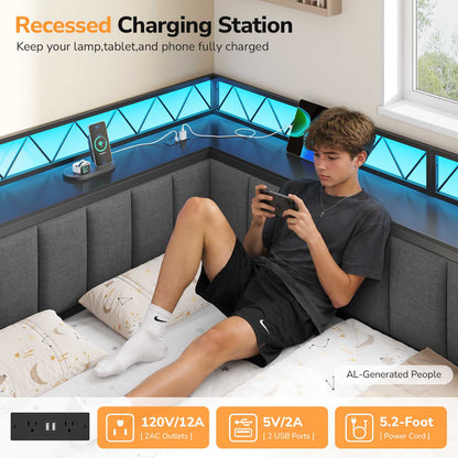 DICTAC | Corner Bed Frame with 6 Storage Drawers, Upholstered Guardrail, Charging Station, Storage Shelves & LED Lights, Modern Platform Daybed for Kids, Teens & Adults, Grey