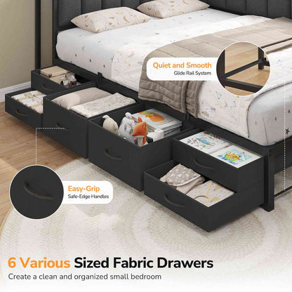 DICTAC | Corner Bed Frame with 6 Storage Drawers, Upholstered Guardrail, Charging Station, Storage Shelves & LED Lights, Modern Platform Daybed for Kids, Teens & Adults, Grey