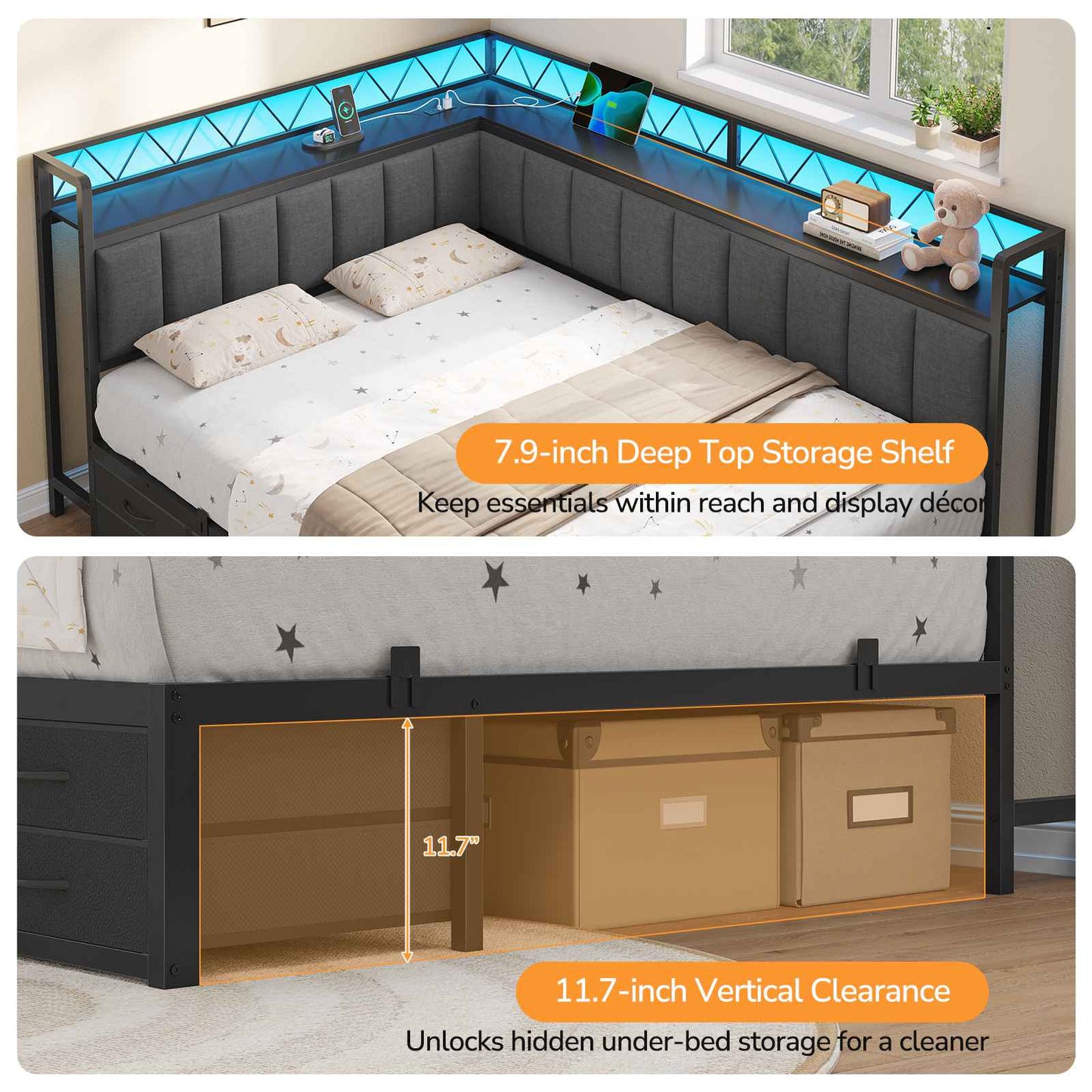 DICTAC | Corner Bed Frame with 6 Storage Drawers, Upholstered Guardrail, Charging Station, Storage Shelves & LED Lights, Modern Platform Daybed for Kids, Teens & Adults, Grey