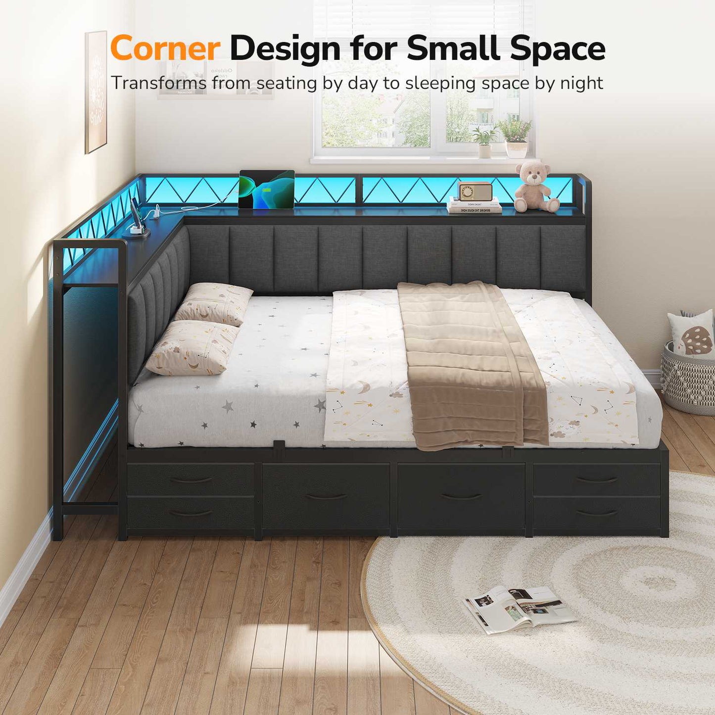 DICTAC | Corner Bed Frame with 6 Storage Drawers, Upholstered Guardrail, Charging Station, Storage Shelves & LED Lights, Modern Platform Daybed for Kids, Teens & Adults, Grey