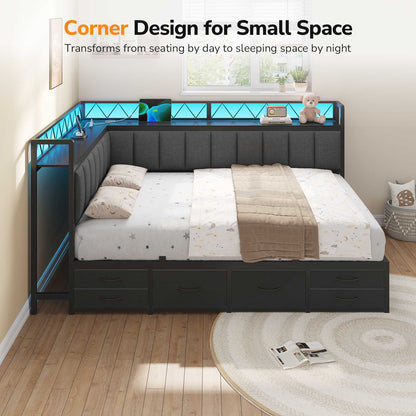 DICTAC | Corner Bed Frame with 6 Storage Drawers, Upholstered Guardrail, Charging Station, Storage Shelves & LED Lights, Modern Platform Daybed for Kids, Teens & Adults, Grey