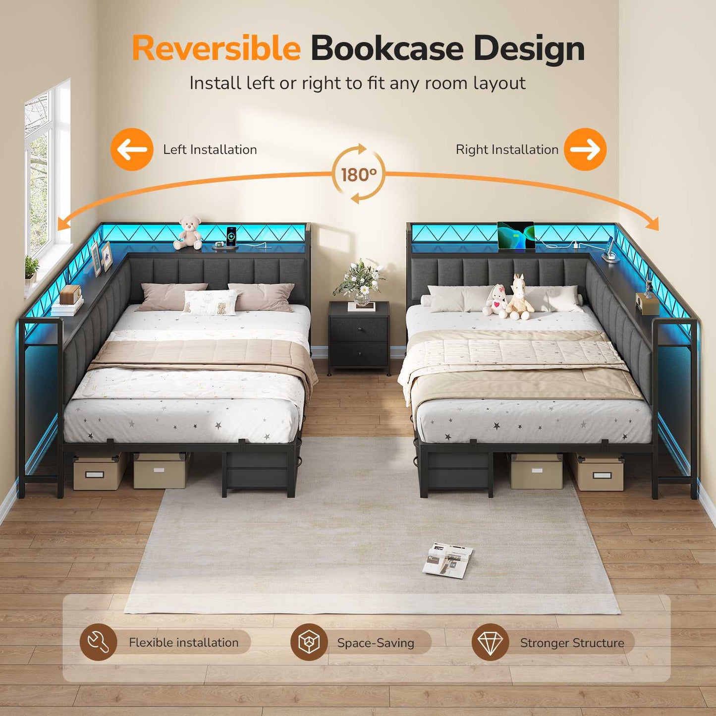 DICTAC | Corner Bed Frame with 6 Storage Drawers, Upholstered Guardrail, Charging Station, Storage Shelves & LED Lights, Modern Platform Daybed for Kids, Teens & Adults, Grey