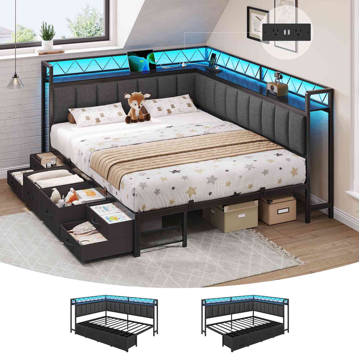 DICTAC | Corner Bed Frame with 6 Storage Drawers, Upholstered Guardrail, Charging Station, Storage Shelves & LED Lights, Modern Platform Daybed for Kids, Teens & Adults, Grey