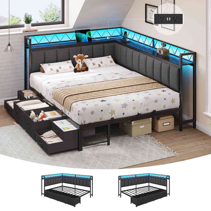 DICTAC | Corner Bed Frame with 6 Storage Drawers, Upholstered Guardrail, Charging Station, Storage Shelves & LED Lights, Modern Platform Daybed for Kids, Teens & Adults, Grey