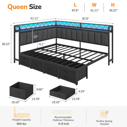 DICTAC | Corner Bed Frame with 6 Storage Drawers, Upholstered Guardrail, Charging Station, Storage Shelves & LED Lights, Modern Platform Daybed for Kids, Teens & Adults, Grey