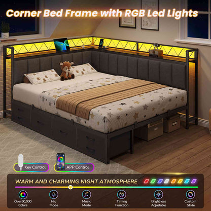 DICTAC | Corner Bed Frame with 6 Storage Drawers, Upholstered Guardrail, Charging Station, Storage Shelves & LED Lights, Modern Platform Daybed for Kids, Teens & Adults, Grey