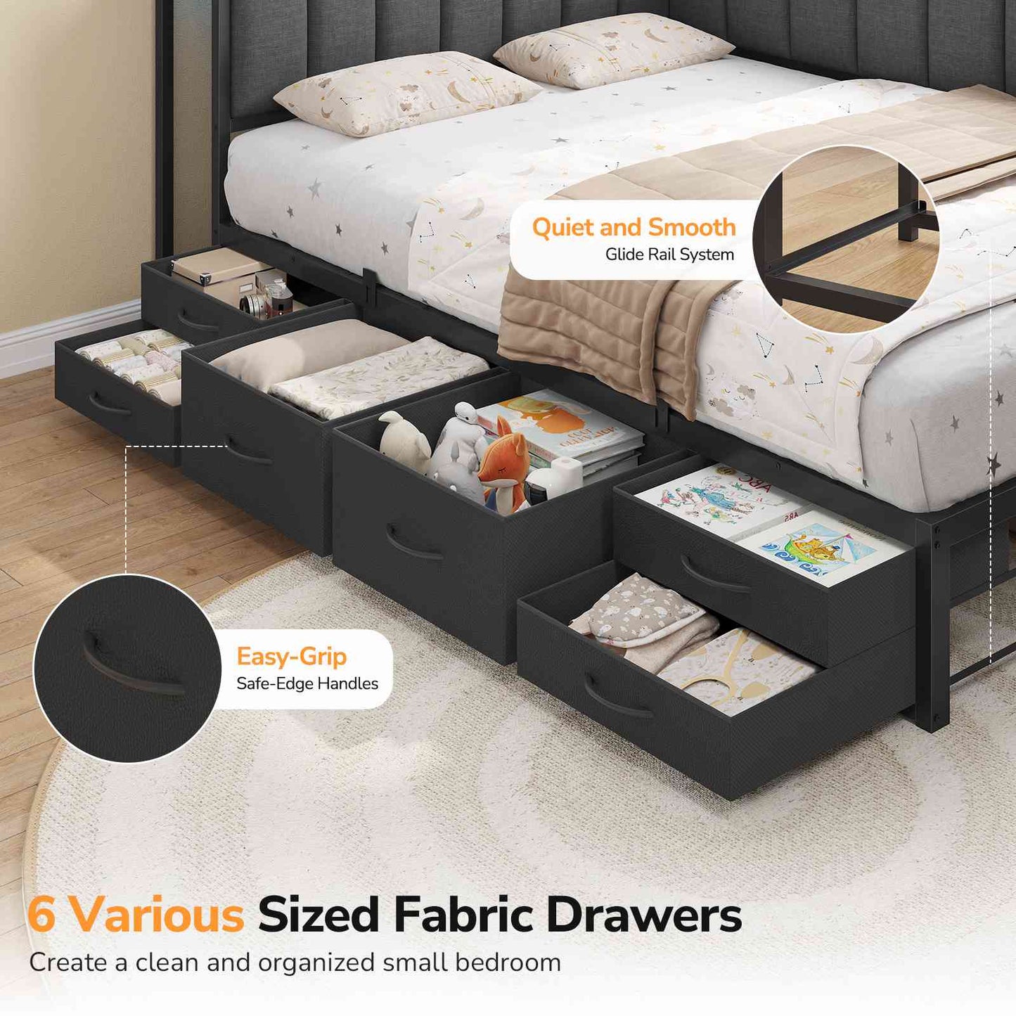 DICTAC | Corner Bed Frame with 6 Storage Drawers, Upholstered Guardrail, Charging Station, Storage Shelves & LED Lights, Modern Platform Daybed for Kids, Teens & Adults, Grey
