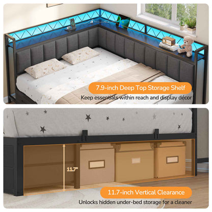 DICTAC | Corner Bed Frame with 6 Storage Drawers, Upholstered Guardrail, Charging Station, Storage Shelves & LED Lights, Modern Platform Daybed for Kids, Teens & Adults, Grey