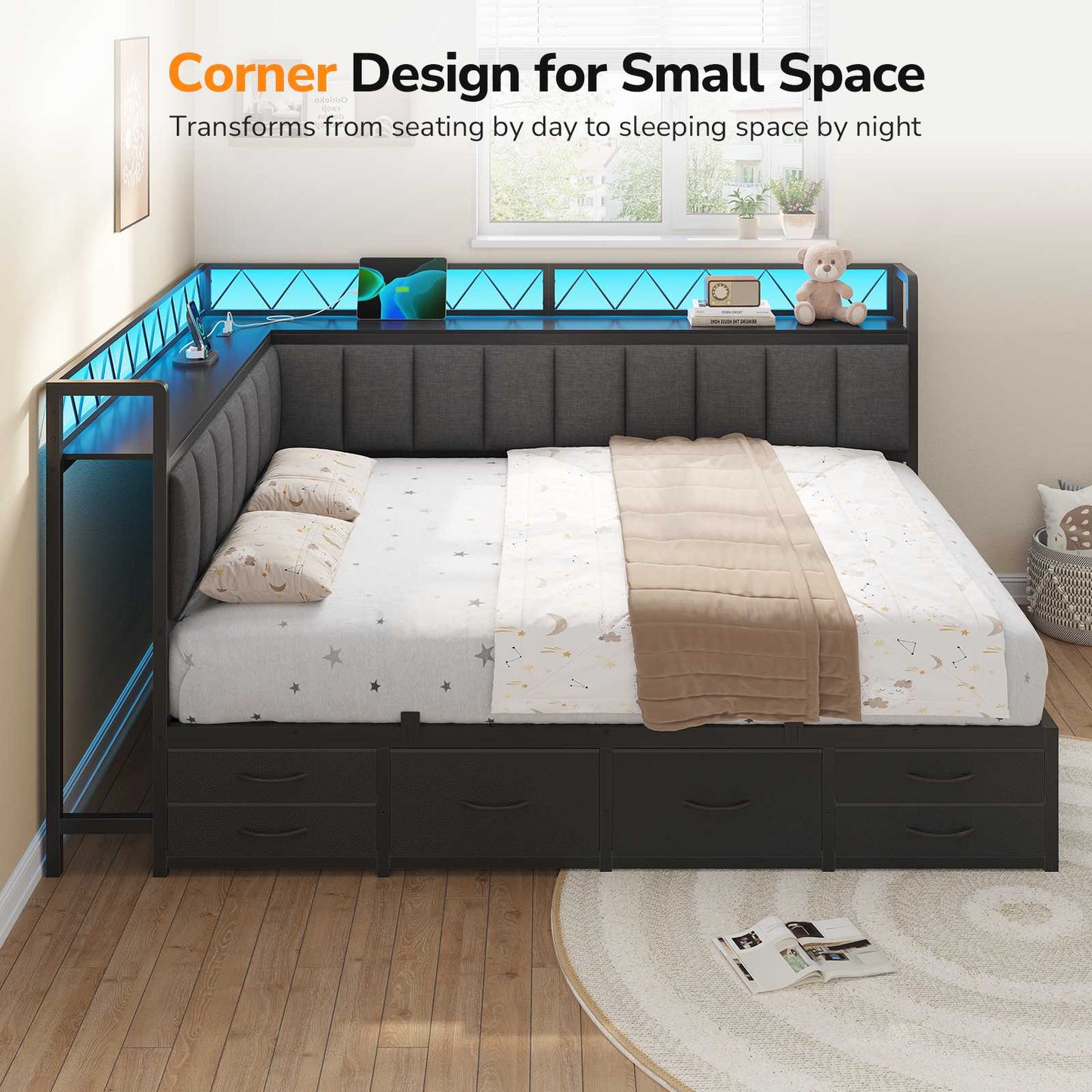DICTAC | Corner Bed Frame with 6 Storage Drawers, Upholstered Guardrail, Charging Station, Storage Shelves & LED Lights, Modern Platform Daybed for Kids, Teens & Adults, Grey