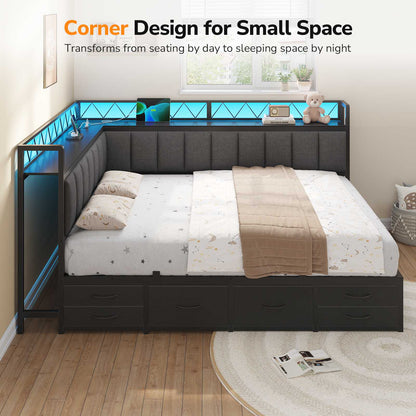 DICTAC | Corner Bed Frame with 6 Storage Drawers, Upholstered Guardrail, Charging Station, Storage Shelves & LED Lights, Modern Platform Daybed for Kids, Teens & Adults, Grey