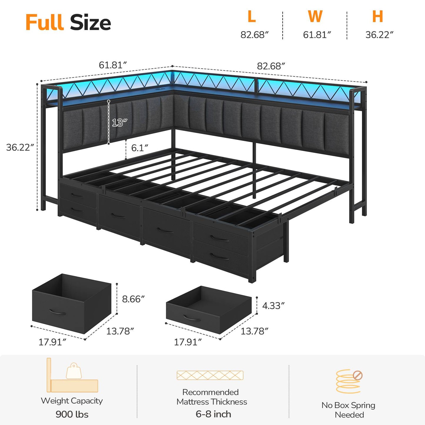DICTAC | Corner Bed Frame with 6 Storage Drawers, Upholstered Guardrail, Charging Station, Storage Shelves & LED Lights, Modern Platform Daybed for Kids, Teens & Adults, Grey