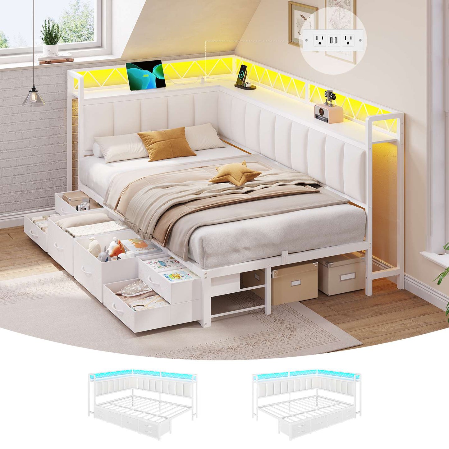 DICTAC | Corner Bed Frame with 6 Storage Drawers, Upholstered Guardrail, Charging Station, Storage Shelves & LED Lights, Modern Platform Daybed for Kids, Teens & Adults, White