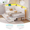 DICTAC | Corner Bed Frame with 6 Storage Drawers, Upholstered Guardrail, Charging Station, Storage Shelves & LED Lights, Modern Platform Daybed for Kids, Teens & Adults, White