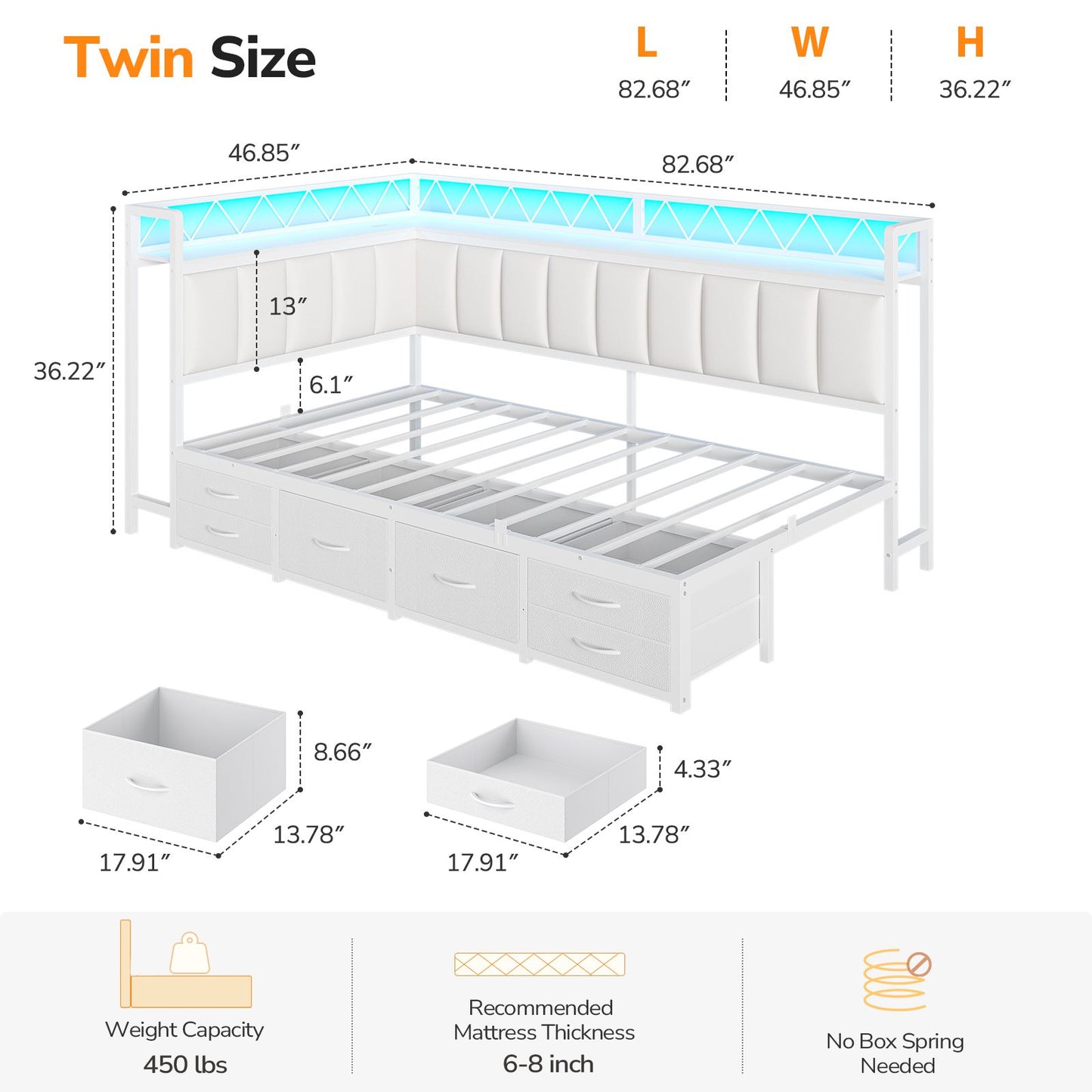 DICTAC | Corner Bed Frame with 6 Storage Drawers, Upholstered Guardrail, Charging Station, Storage Shelves & LED Lights, Modern Platform Daybed for Kids, Teens & Adults, White