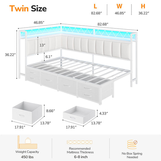 DICTAC | Corner Bed Frame with 6 Storage Drawers, Upholstered Guardrail, Charging Station, Storage Shelves & LED Lights, Modern Platform Daybed for Kids, Teens & Adults, White