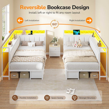 DICTAC | Corner Bed Frame with 6 Storage Drawers, Upholstered Guardrail, Charging Station, Storage Shelves & LED Lights, Modern Platform Daybed for Kids, Teens & Adults, White