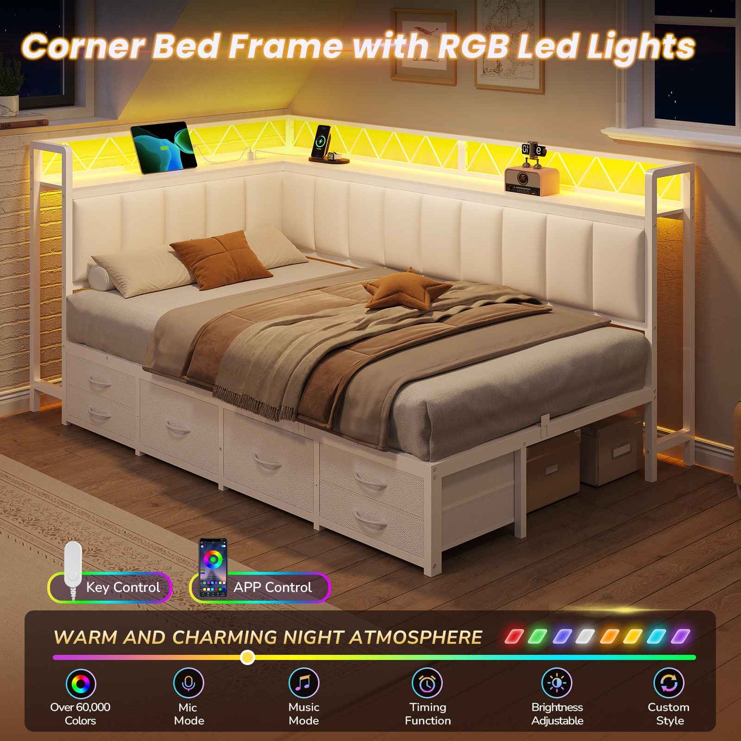 DICTAC | Corner Bed Frame with 6 Storage Drawers, Upholstered Guardrail, Charging Station, Storage Shelves & LED Lights, Modern Platform Daybed for Kids, Teens & Adults, White