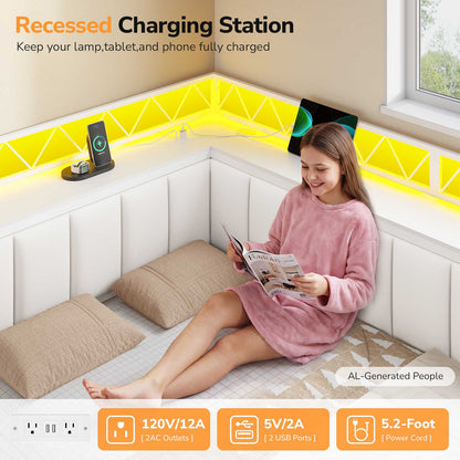 DICTAC | Corner Bed Frame with 6 Storage Drawers, Upholstered Guardrail, Charging Station, Storage Shelves & LED Lights, Modern Platform Daybed for Kids, Teens & Adults, White
