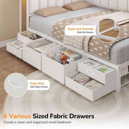 DICTAC | Corner Bed Frame with 6 Storage Drawers, Upholstered Guardrail, Charging Station, Storage Shelves & LED Lights, Modern Platform Daybed for Kids, Teens & Adults, White