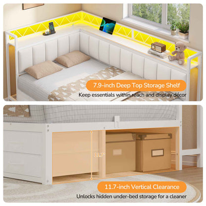 DICTAC | Corner Bed Frame with 6 Storage Drawers, Upholstered Guardrail, Charging Station, Storage Shelves & LED Lights, Modern Platform Daybed for Kids, Teens & Adults, White
