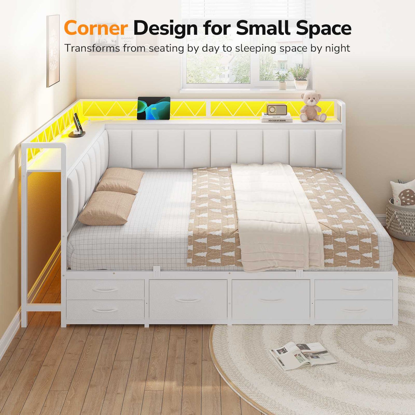 DICTAC | Corner Bed Frame with 6 Storage Drawers, Upholstered Guardrail, Charging Station, Storage Shelves & LED Lights, Modern Platform Daybed for Kids, Teens & Adults, White