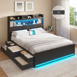 DICTAC | Platform Bed Frame with Storage Headboard, 5 Drawers, Charging Station & LED Lights