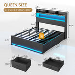 DICTAC | Platform Bed Frame with Storage Headboard, 5 Drawers, Charging Station & LED Lights