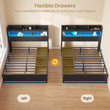 DICTAC | Platform Bed Frame with Storage Headboard, 5 Drawers, Charging Station & LED Lights
