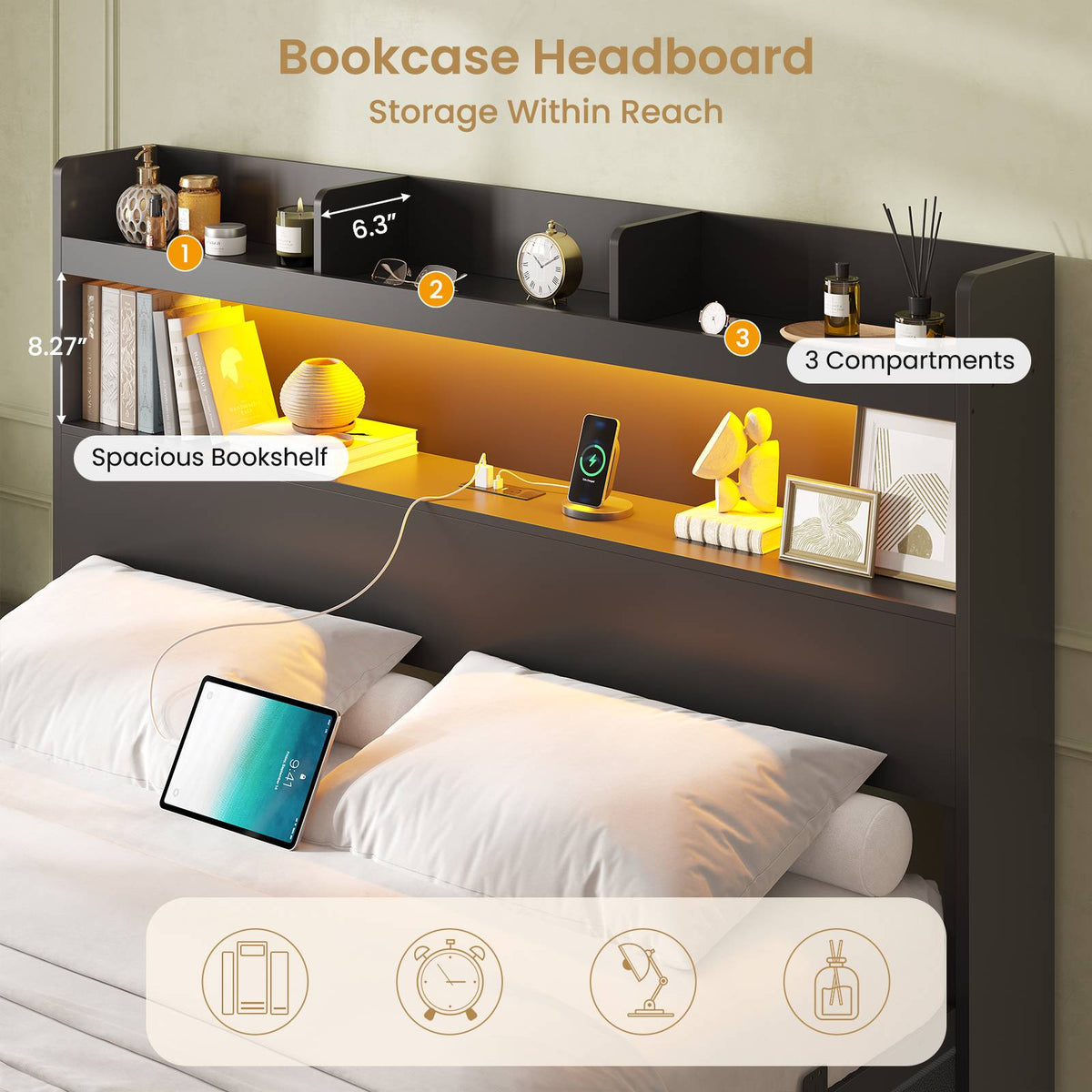 DICTAC | Platform Bed Frame with Storage Headboard, 5 Drawers, Charging Station & LED Lights