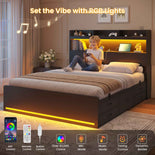 DICTAC | Platform Bed Frame with Storage Headboard, 5 Drawers, Charging Station & LED Lights