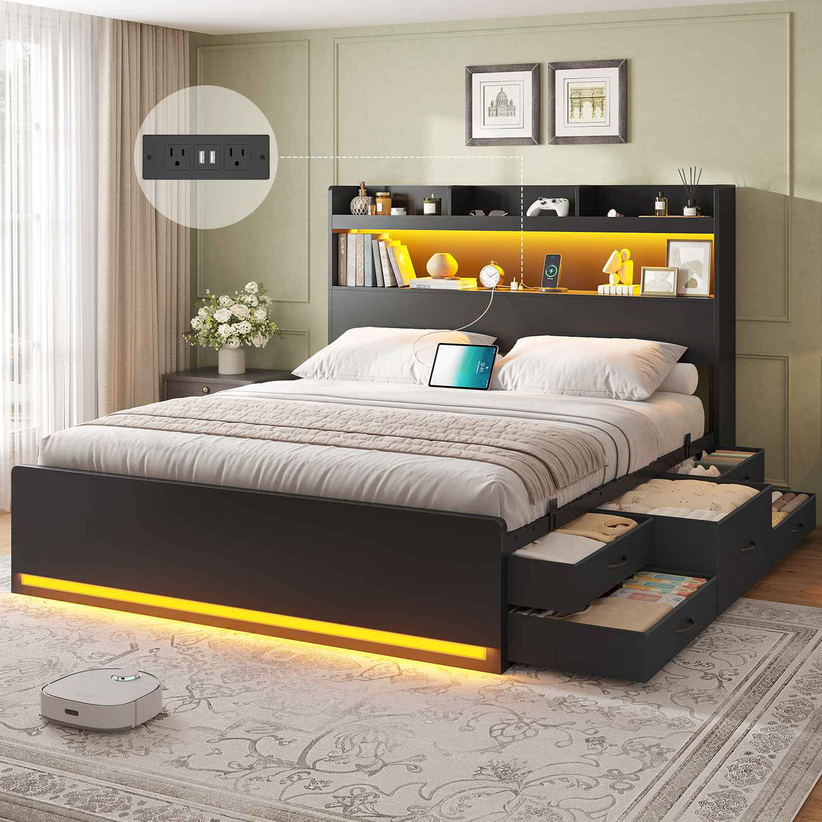 DICTAC | Platform Bed Frame with Storage Headboard, 5 Drawers, Charging Station & LED Lights