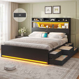 DICTAC | Platform Bed Frame with Storage Headboard, 5 Drawers, Charging Station & LED Lights