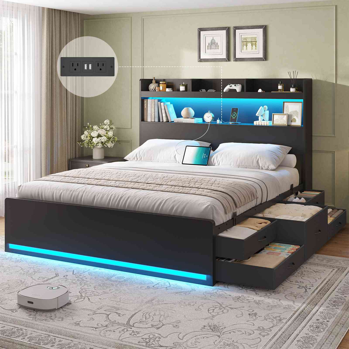 DICTAC | Platform Bed Frame with Storage Headboard, 5 Drawers, Charging Station & LED Lights