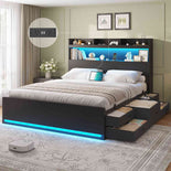 DICTAC | Platform Bed Frame with Storage Headboard, 5 Drawers, Charging Station & LED Lights