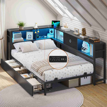 DICTAC | Twin Corner Bed Frame with Storage, Bookcase Headboard, LED Lights & Charging Station – Metal Daybed with Drawers for Kids & Teens (Black)