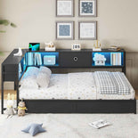 DICTAC | Corner Bed Frame with Storage, Bookcase Headboard, LED Lights & Charging Station – Metal Daybed with Drawers for Kids & Teens (Black)
