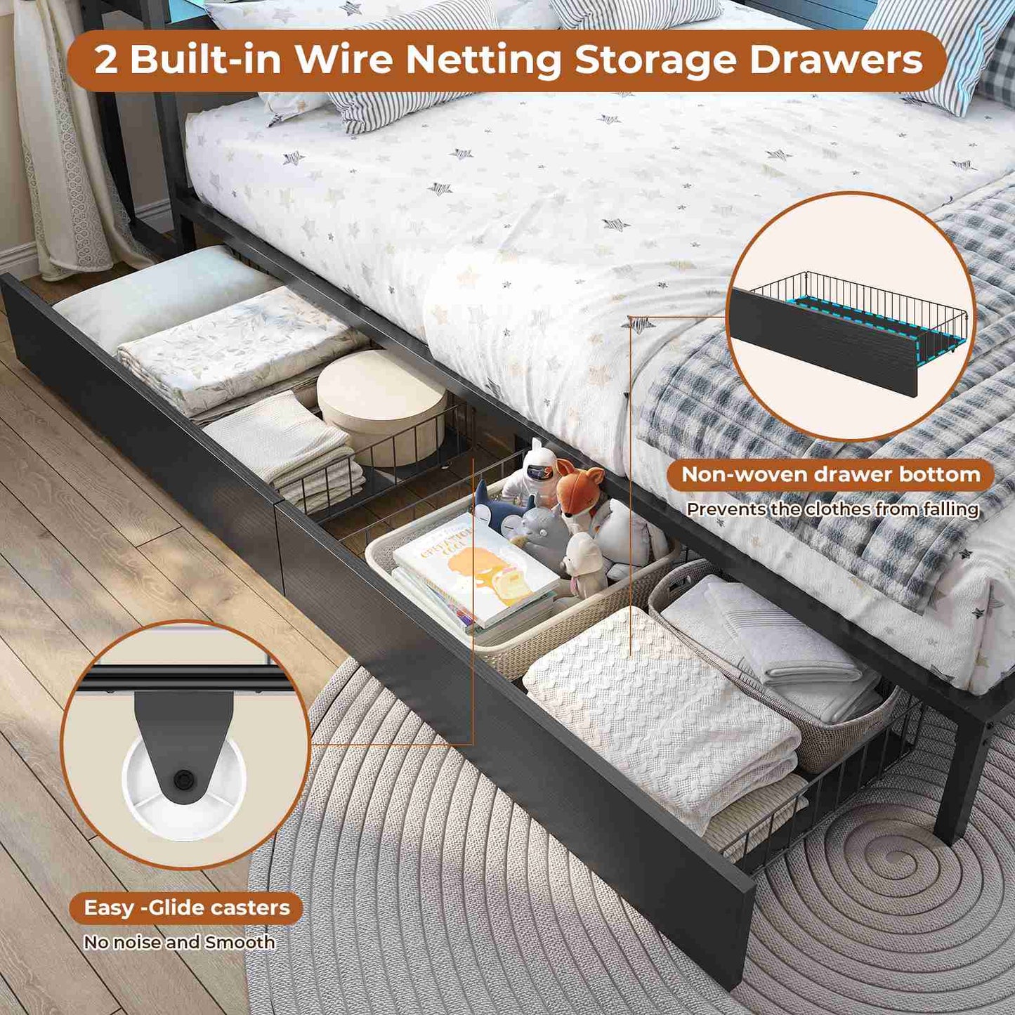 DICTAC | Twin Corner Bed Frame with Storage, Bookcase Headboard, LED Lights & Charging Station – Metal Daybed with Drawers for Kids & Teens (Black)