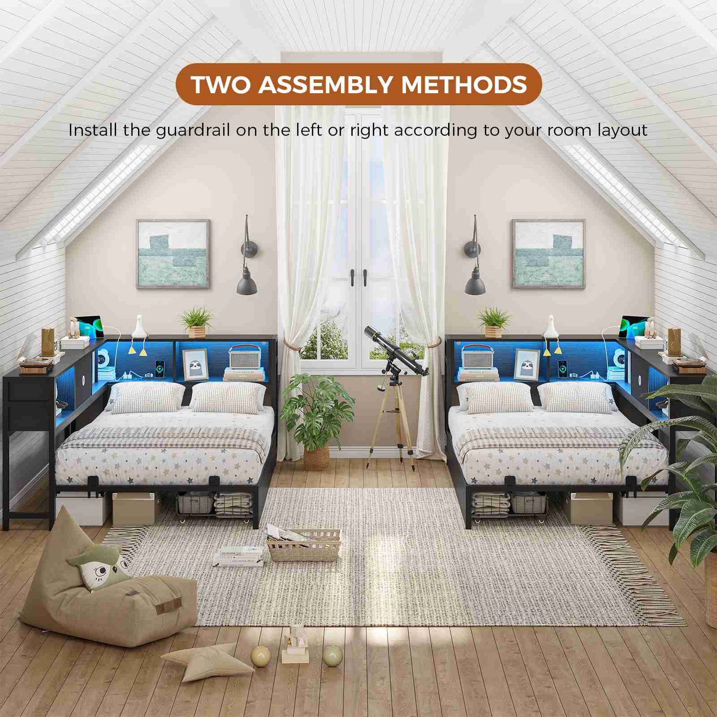 DICTAC | Twin Corner Bed Frame with Storage, Bookcase Headboard, LED Lights & Charging Station – Metal Daybed with Drawers for Kids & Teens (Black)