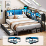 DICTAC | Corner Bed Frame with Storage Drawers & Bookcase, LED Lights & Charging Station – Black