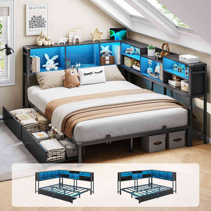 DICTAC | Corner Bed Frame with Storage, LED Lights & Charging Station, Metal Daybed with Drawers & Bookcase (Black)