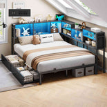 DICTAC | Corner Bed Frame with Storage Drawers & Bookcase, LED Lights & Charging Station – Black