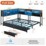 DICTAC | Corner Bed Frame with Storage Drawers & Bookcase, LED Lights & Charging Station – Black