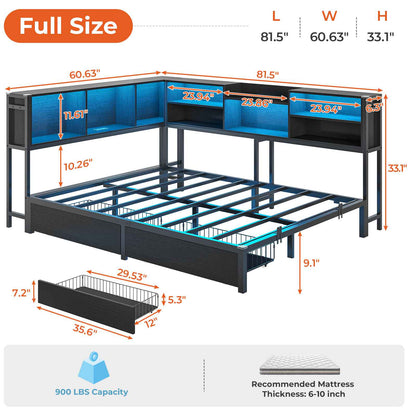 DICTAC | Corner Bed Frame with Storage, LED Lights & Charging Station, Metal Daybed with Drawers & Bookcase (Black)