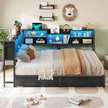 DICTAC | Corner Bed Frame with Storage Drawers & Bookcase, LED Lights & Charging Station – Black