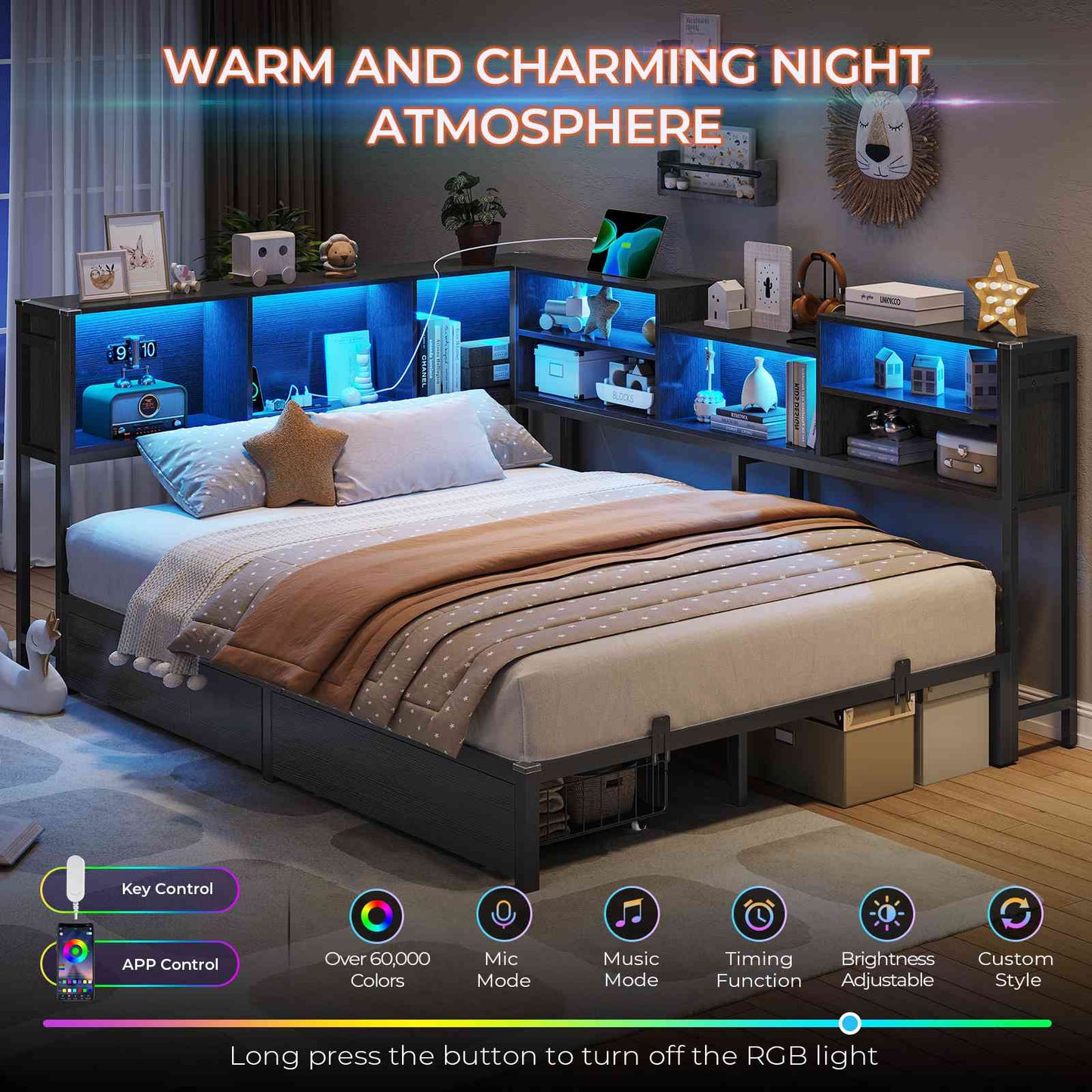 DICTAC | Corner Bed Frame with Storage, LED Lights & Charging Station, Metal Daybed with Drawers & Bookcase (Black)