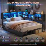 DICTAC | Corner Bed Frame with Storage Drawers & Bookcase, LED Lights & Charging Station – Black