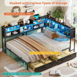 DICTAC | Corner Bed Frame with Storage Drawers & Bookcase, LED Lights & Charging Station – Black